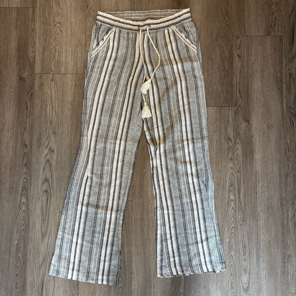 Jolt Coastal Striped Linen Wide-Leg Pants with Drawstring Stretch Waist